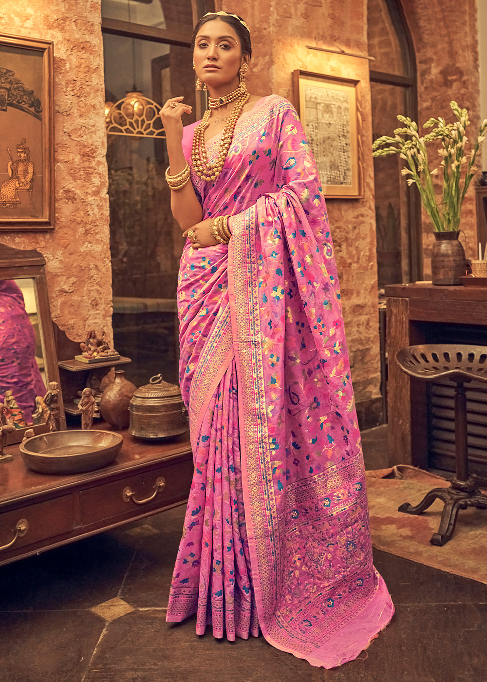 Creamy Pink Kashmiri Weaving Silk Saree