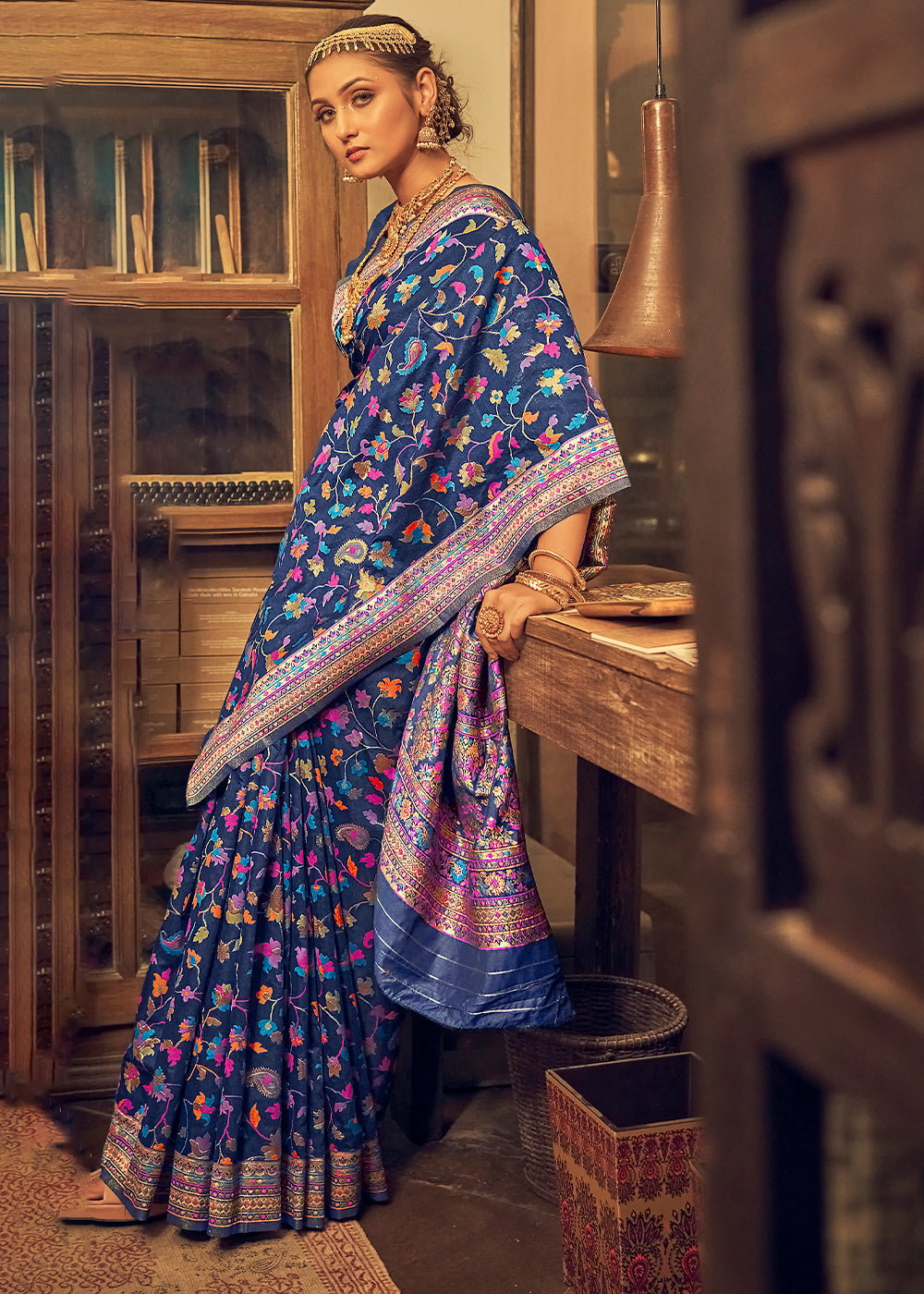 Admiral Blue Kashmiri Weaving Silk Saree