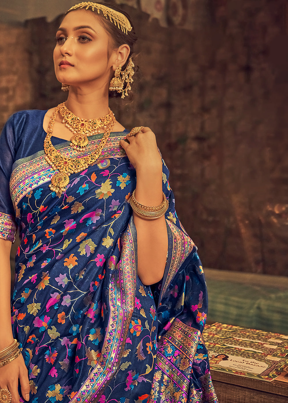 Admiral Blue Kashmiri Weaving Silk Saree