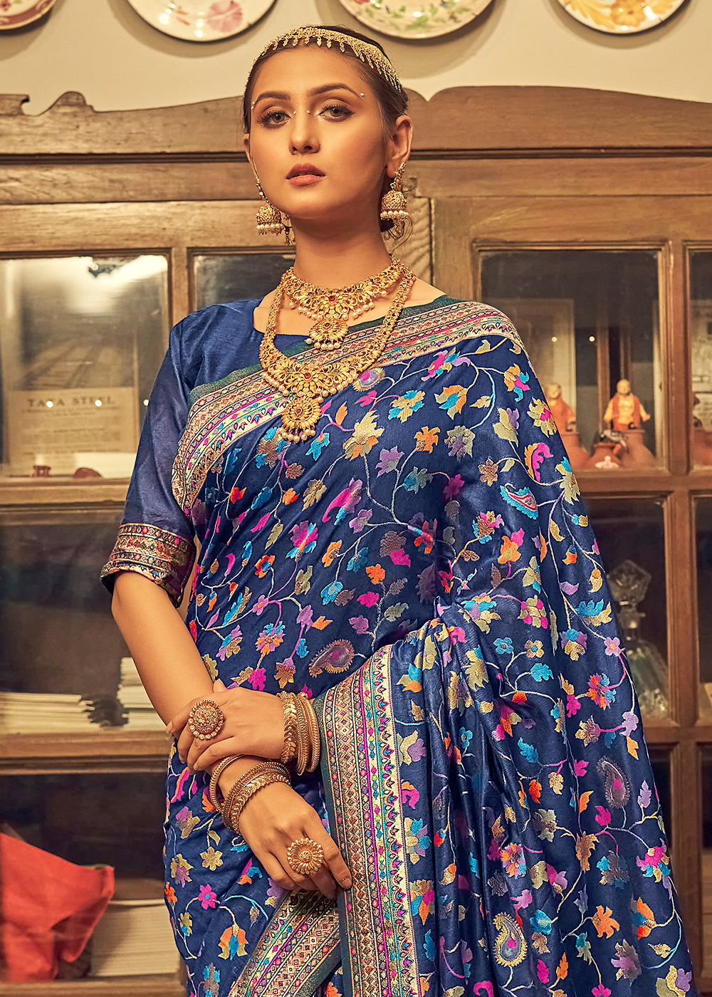 Admiral Blue Kashmiri Weaving Silk Saree