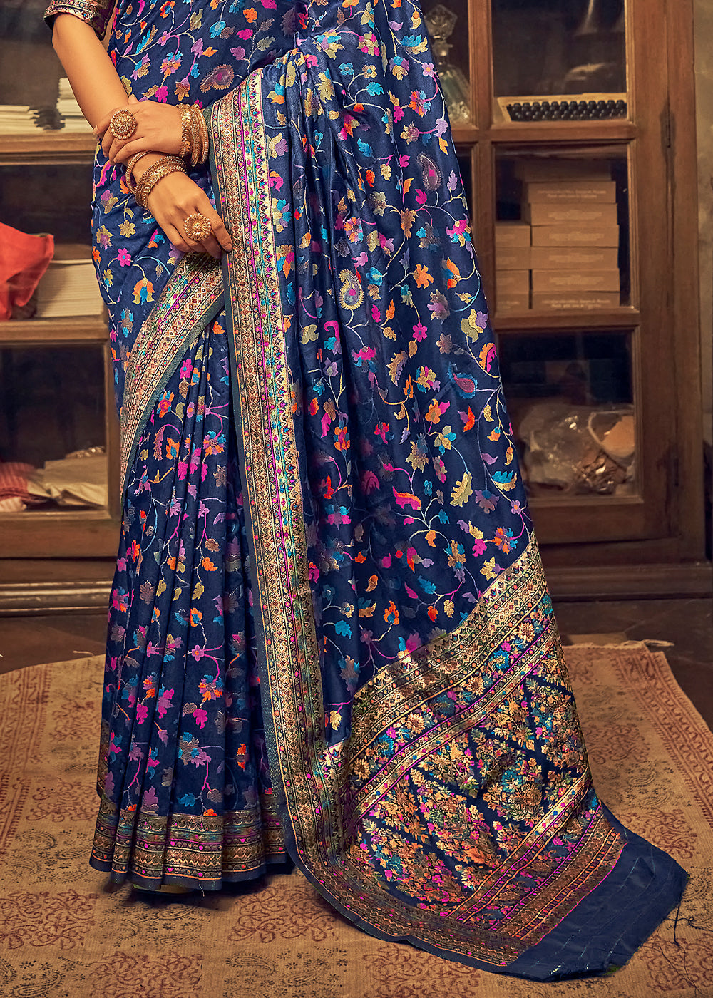 Admiral Blue Kashmiri Weaving Silk Saree