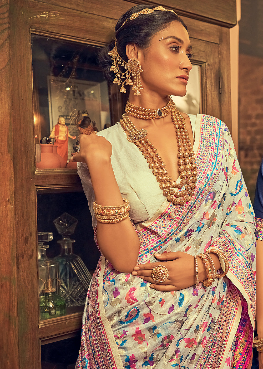 Rice White Kashmiri Weaving Silk Saree