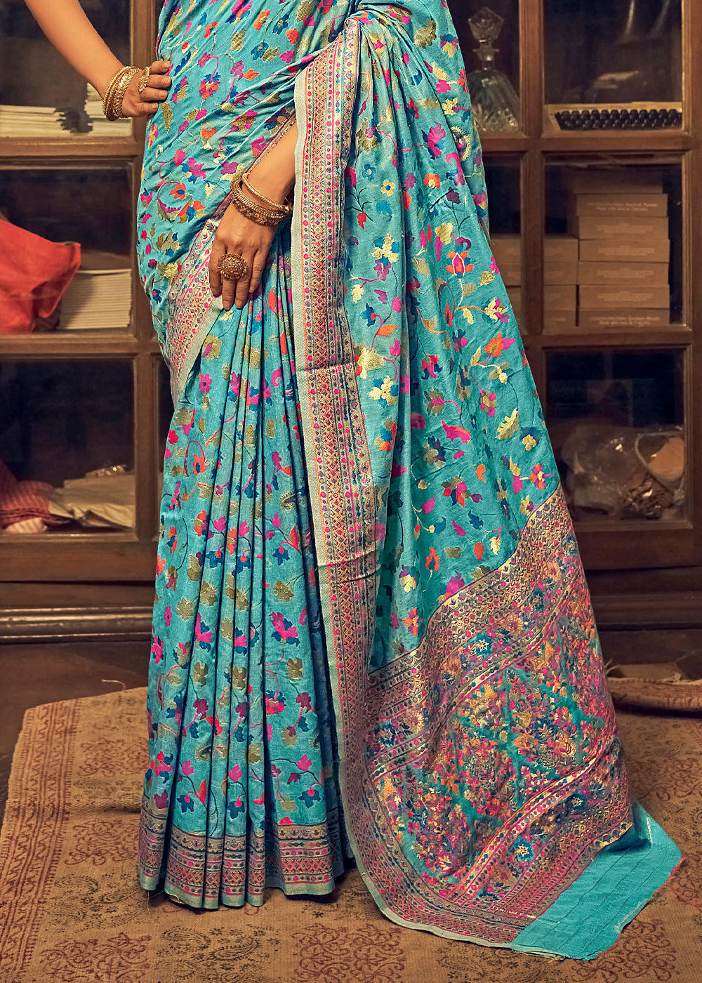 Cerulean Blue Kashmiri Weaving Silk Saree