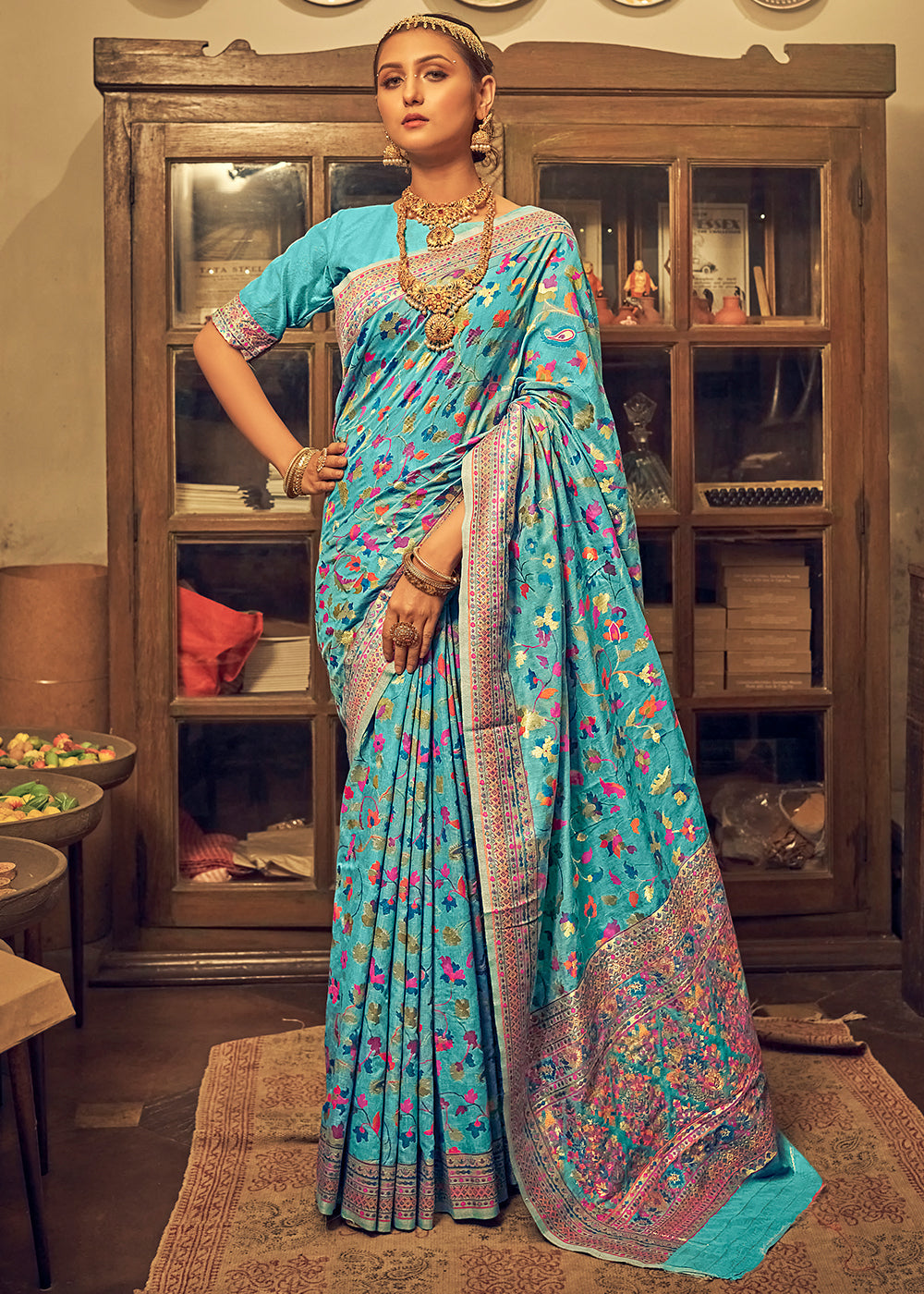 Cerulean Blue Kashmiri Weaving Silk Saree