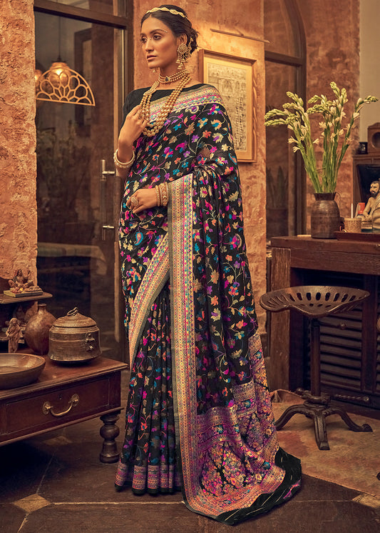 Midnight Black Kashmiri Weaving Silk Saree