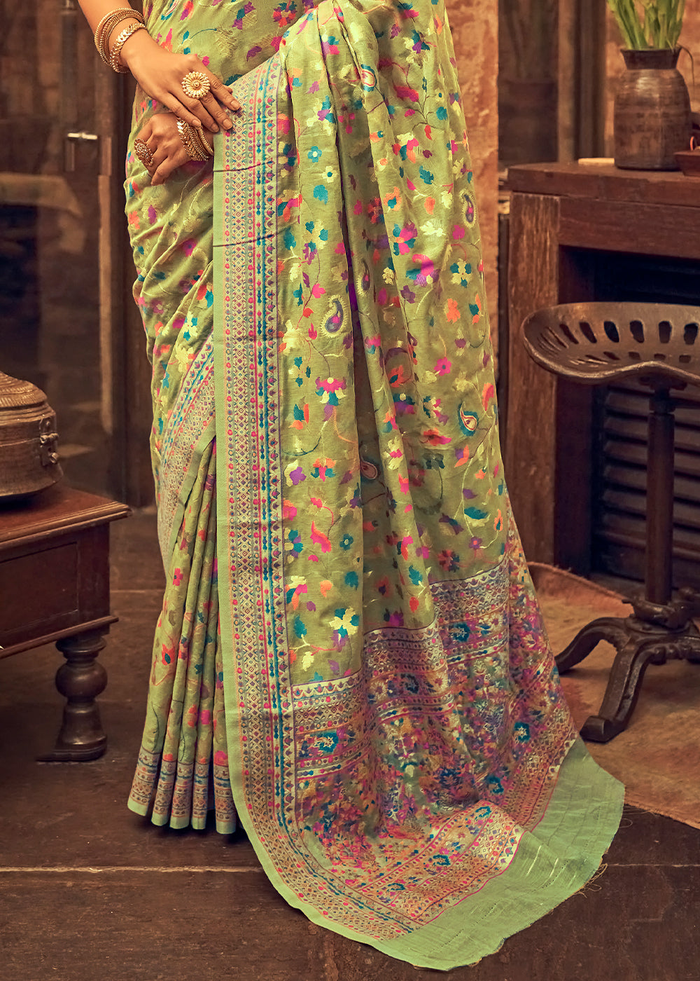 Pastel Green Kashmiri Weaving Silk Saree