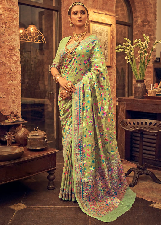 Pastel Green Kashmiri Weaving Silk Saree