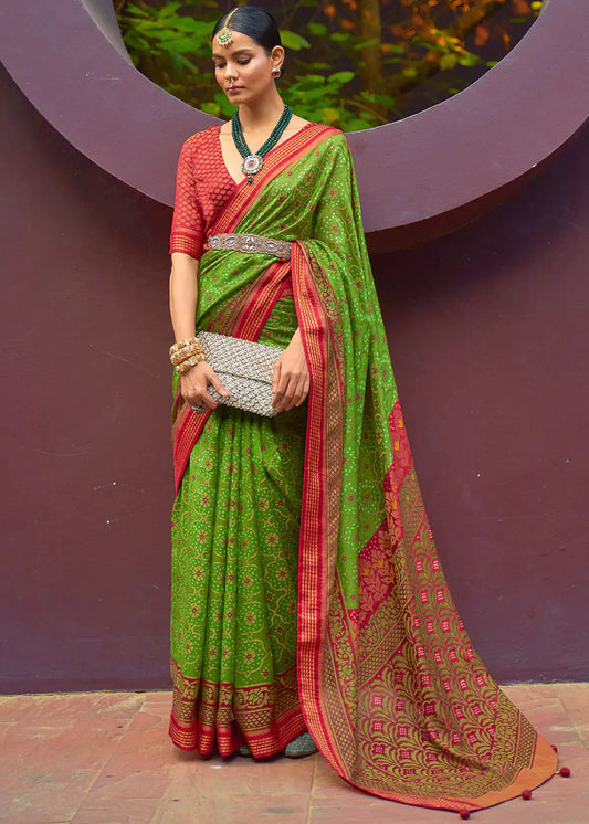 Mantis Green Designer Printed Brasso Silk Saree