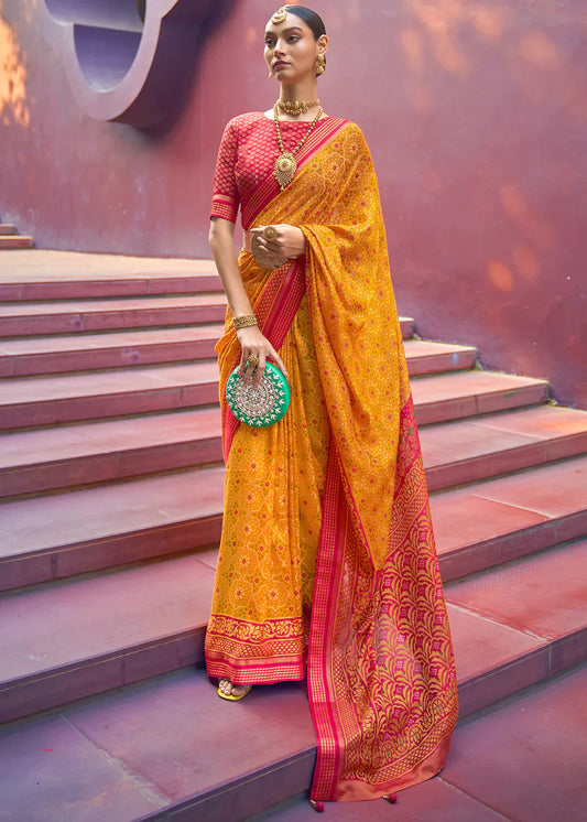 Saffron Yellow Designer Printed Brasso Silk Saree