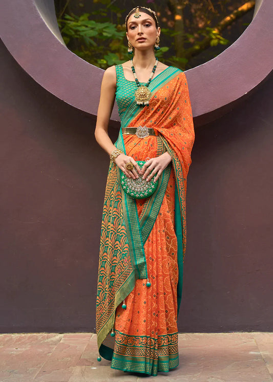 Aerospace Orange Designer Printed Brasso Silk Saree