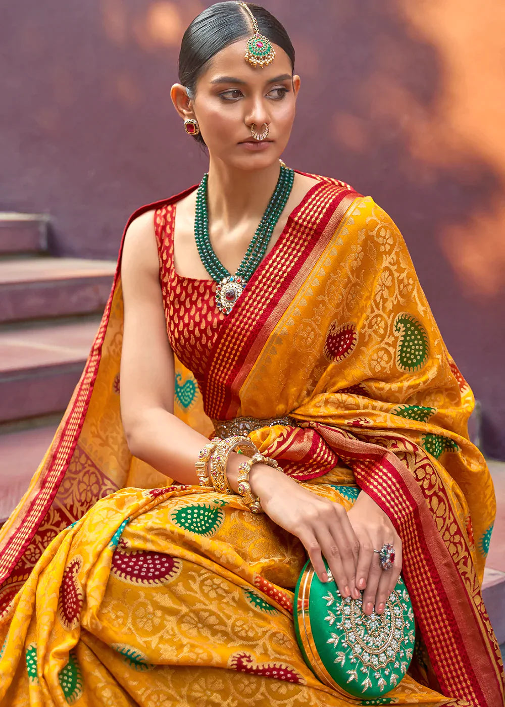 Golden Yellow Designer Printed Brasso Silk Saree