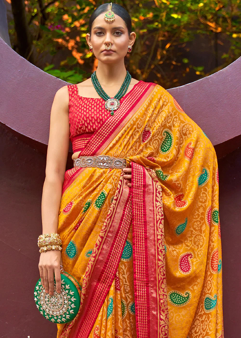 Golden Yellow Designer Printed Brasso Silk Saree