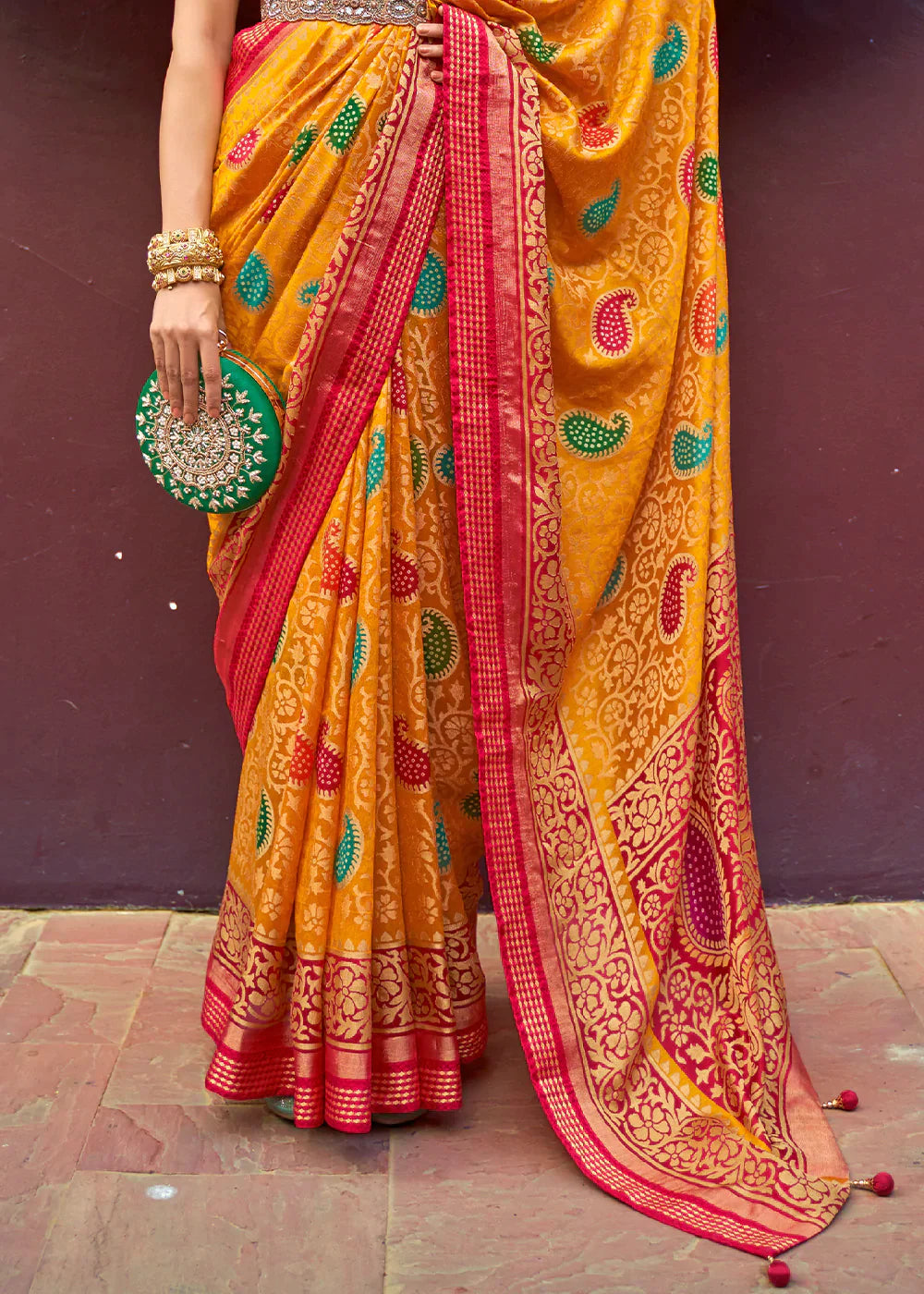 Golden Yellow Designer Printed Brasso Silk Saree