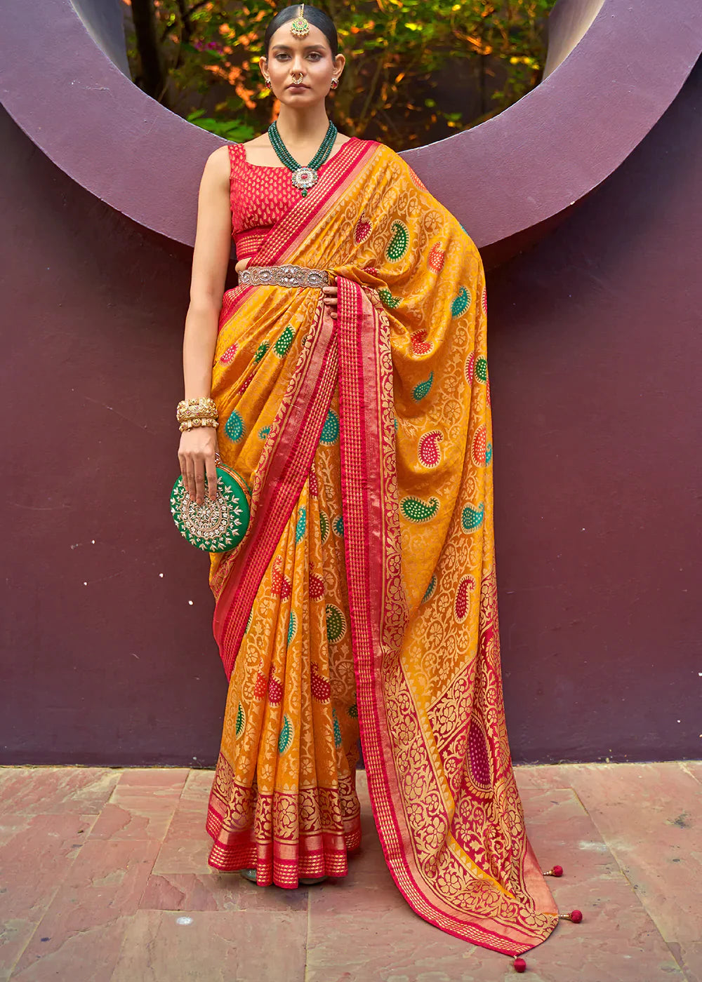 Golden Yellow Designer Printed Brasso Silk Saree