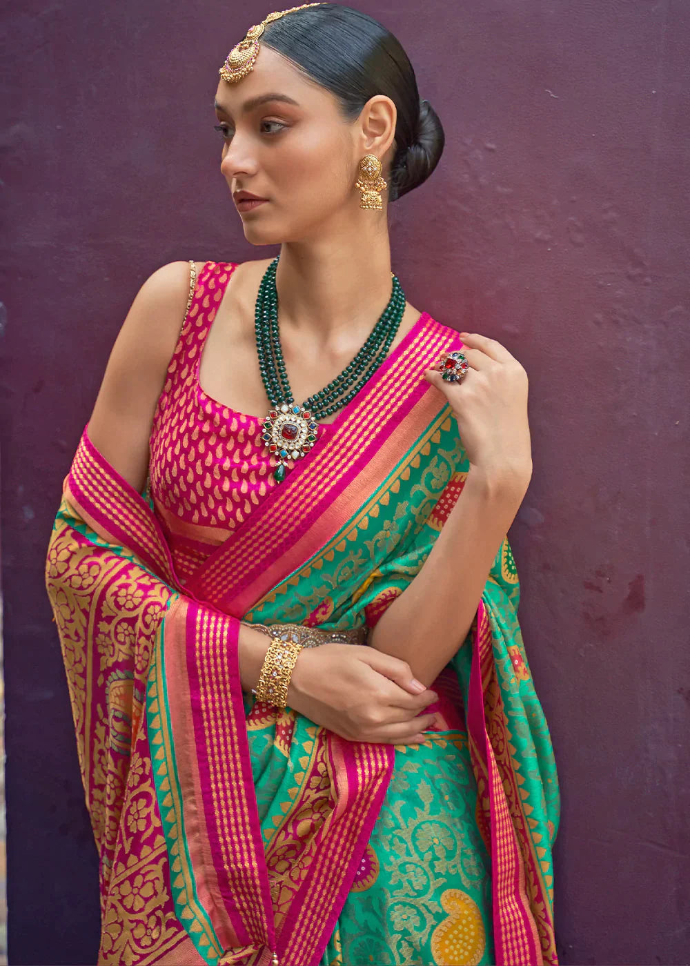 Paris Green Designer Printed Brasso Silk Saree