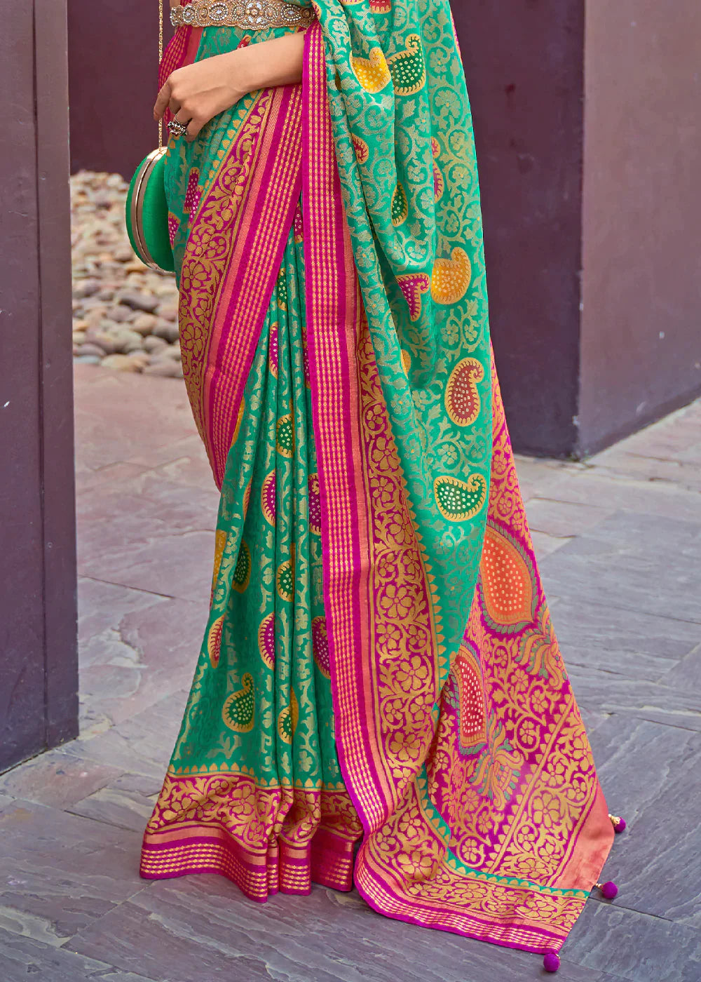 Paris Green Designer Printed Brasso Silk Saree