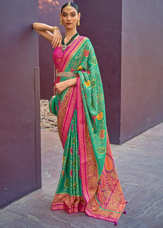 Paris Green Designer Printed Brasso Silk Saree