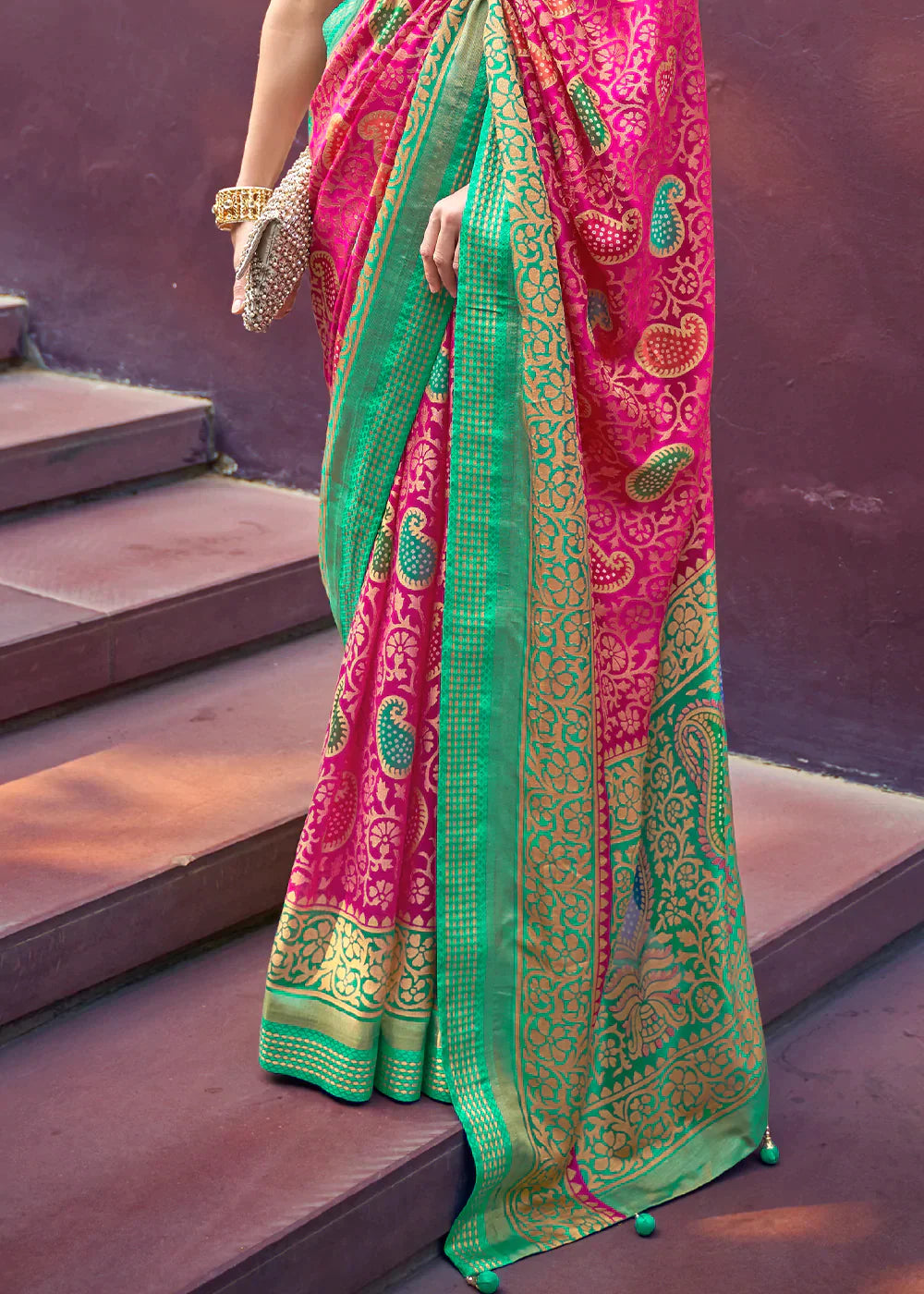 Hot Pink Designer Printed Brasso Silk Saree