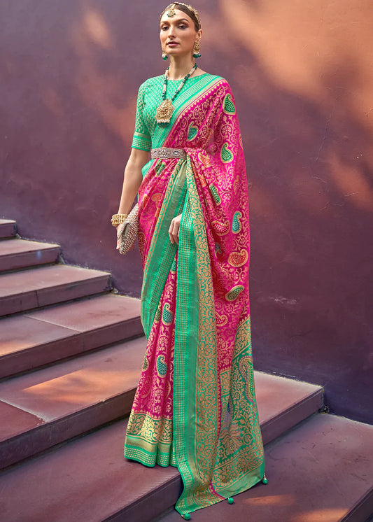 Hot Pink Designer Printed Brasso Silk Saree