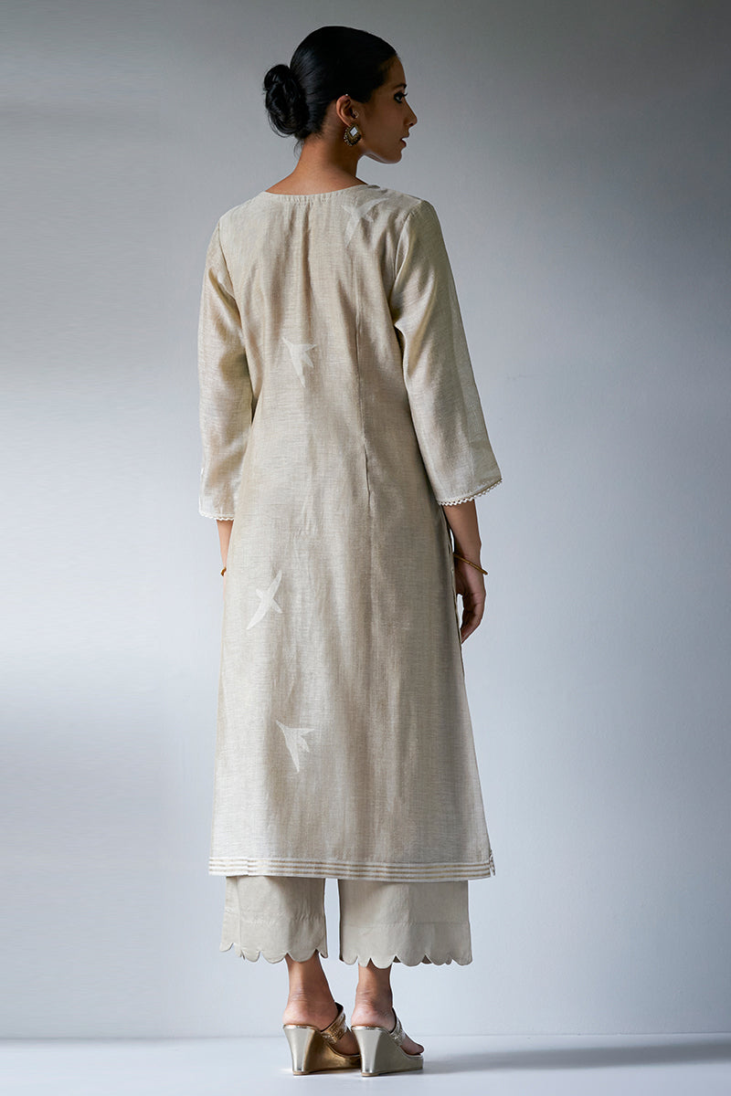 Fog Beige Woven Kurta Suit Set With Embroidery and Hand Work Detailing