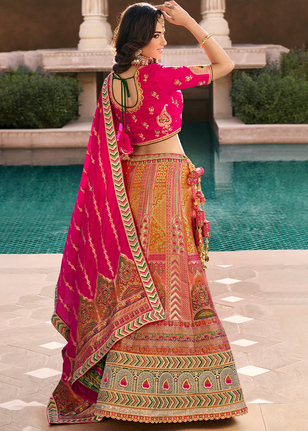 Salmon Pink Heavy Embroidery Banarasi Silk lehenga Choli