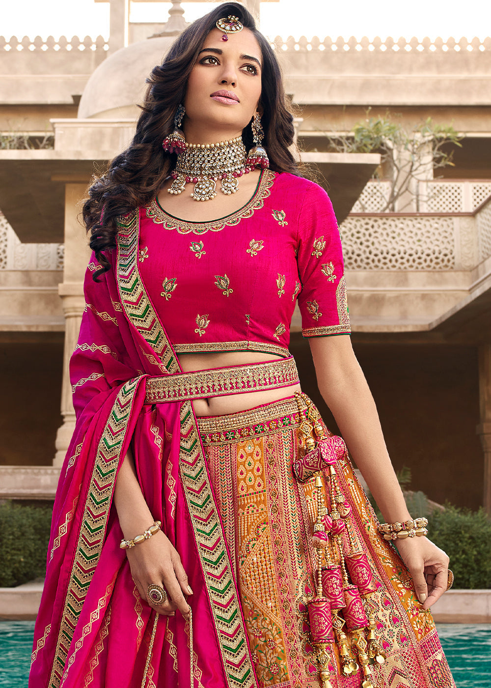 Salmon Pink Heavy Embroidery Banarasi Silk lehenga Choli