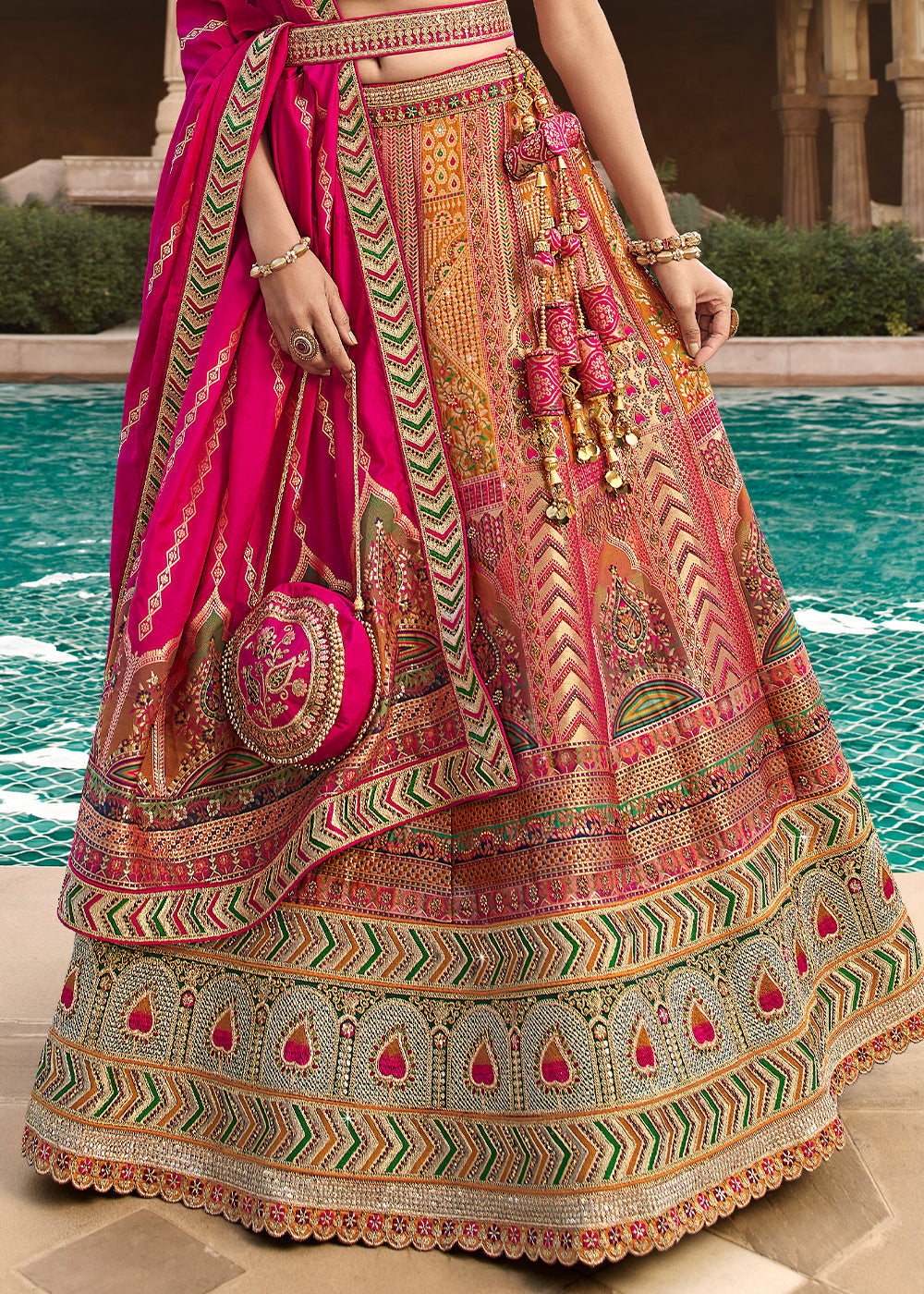 Salmon Pink Heavy Embroidery Banarasi Silk lehenga Choli