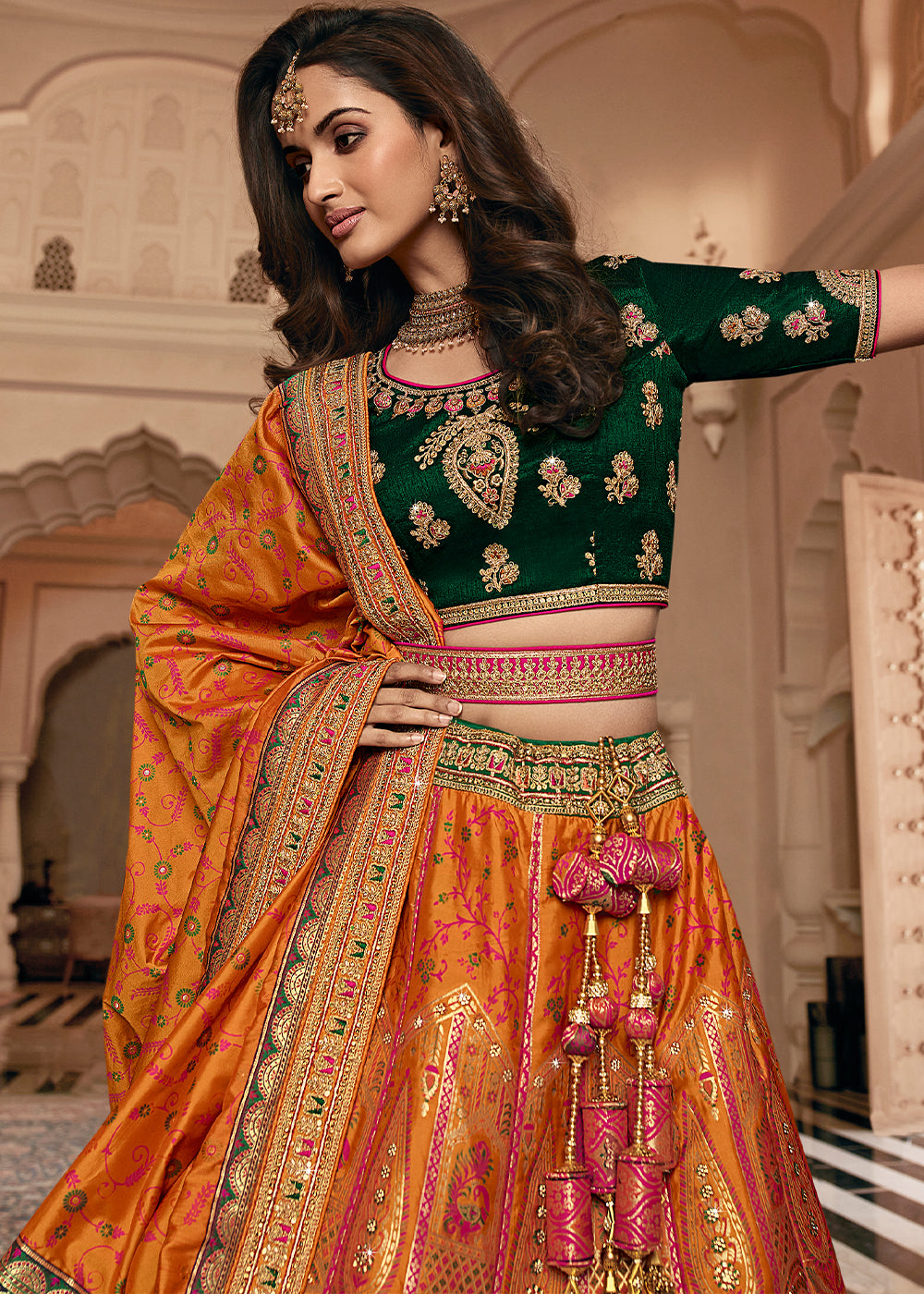 Dusty Orange Heavy Embroidery Banarasi Silk lehenga Choli