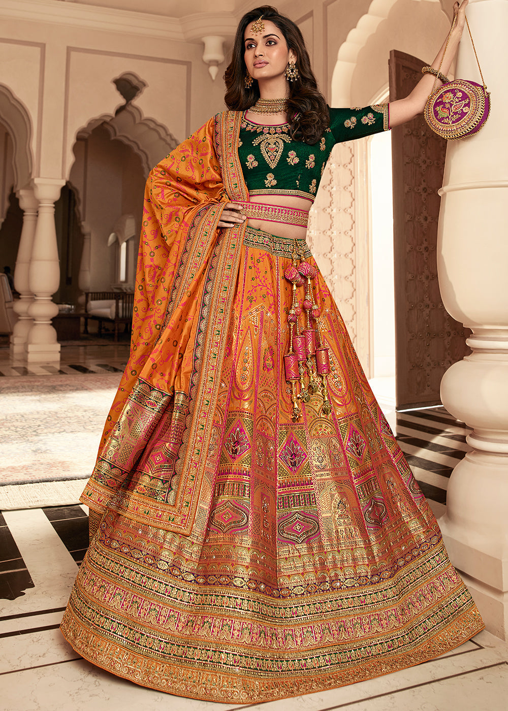 Dusty Orange Heavy Embroidery Banarasi Silk lehenga Choli