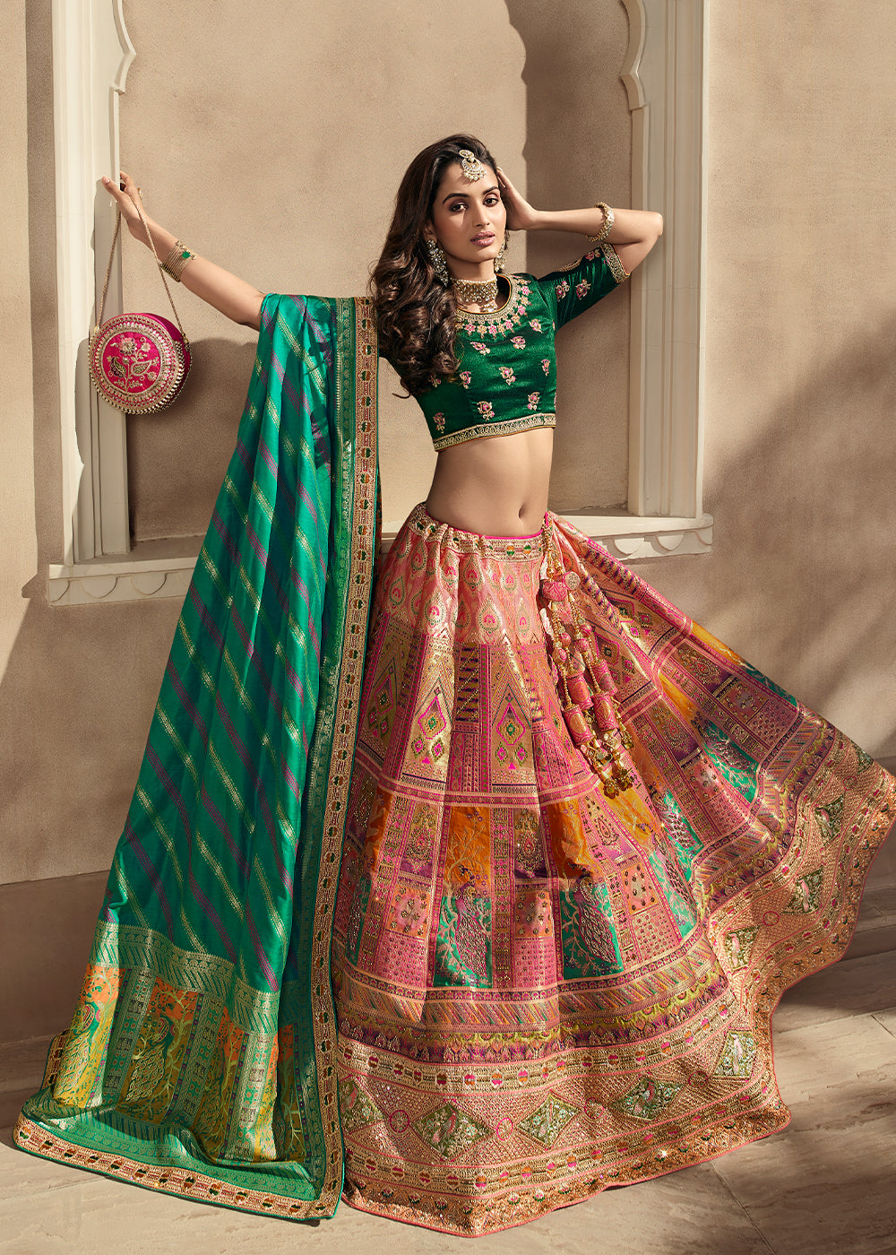 Pink & Green Heavy Embroidery Banarasi Silk lehenga Choli