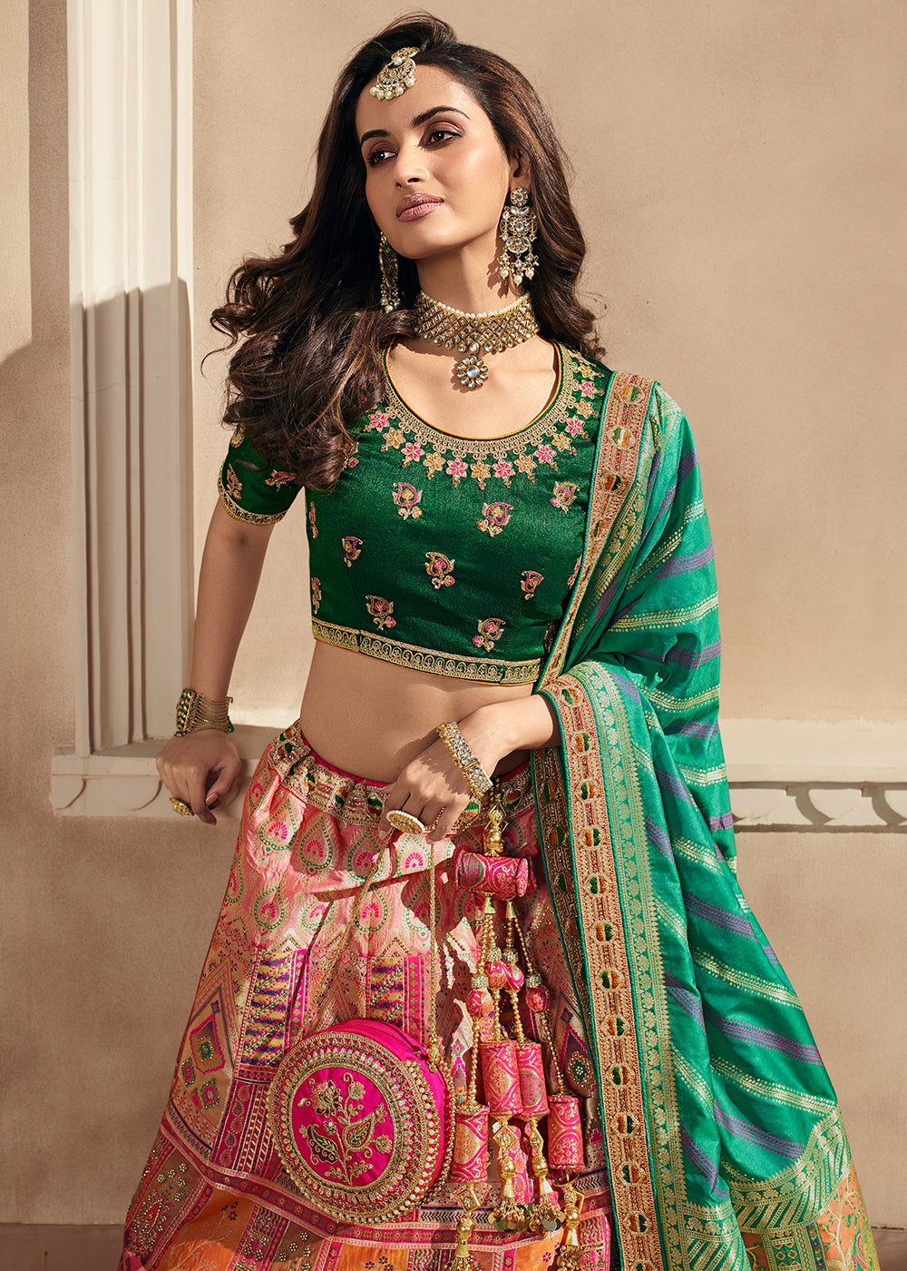 Pink & Green Heavy Embroidery Banarasi Silk lehenga Choli