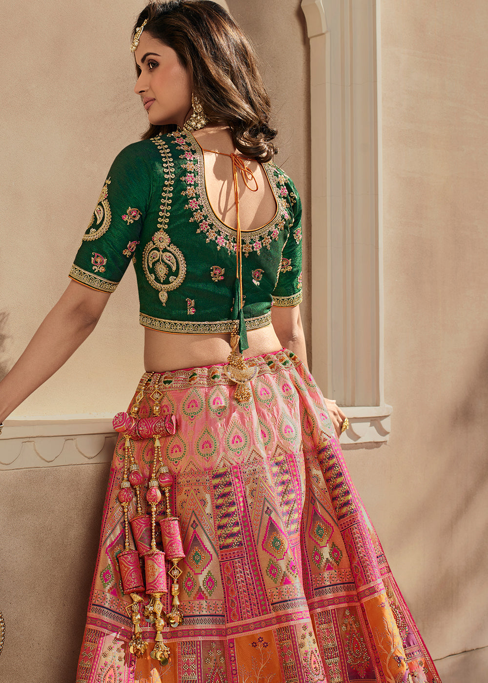 Pink & Green Heavy Embroidery Banarasi Silk lehenga Choli