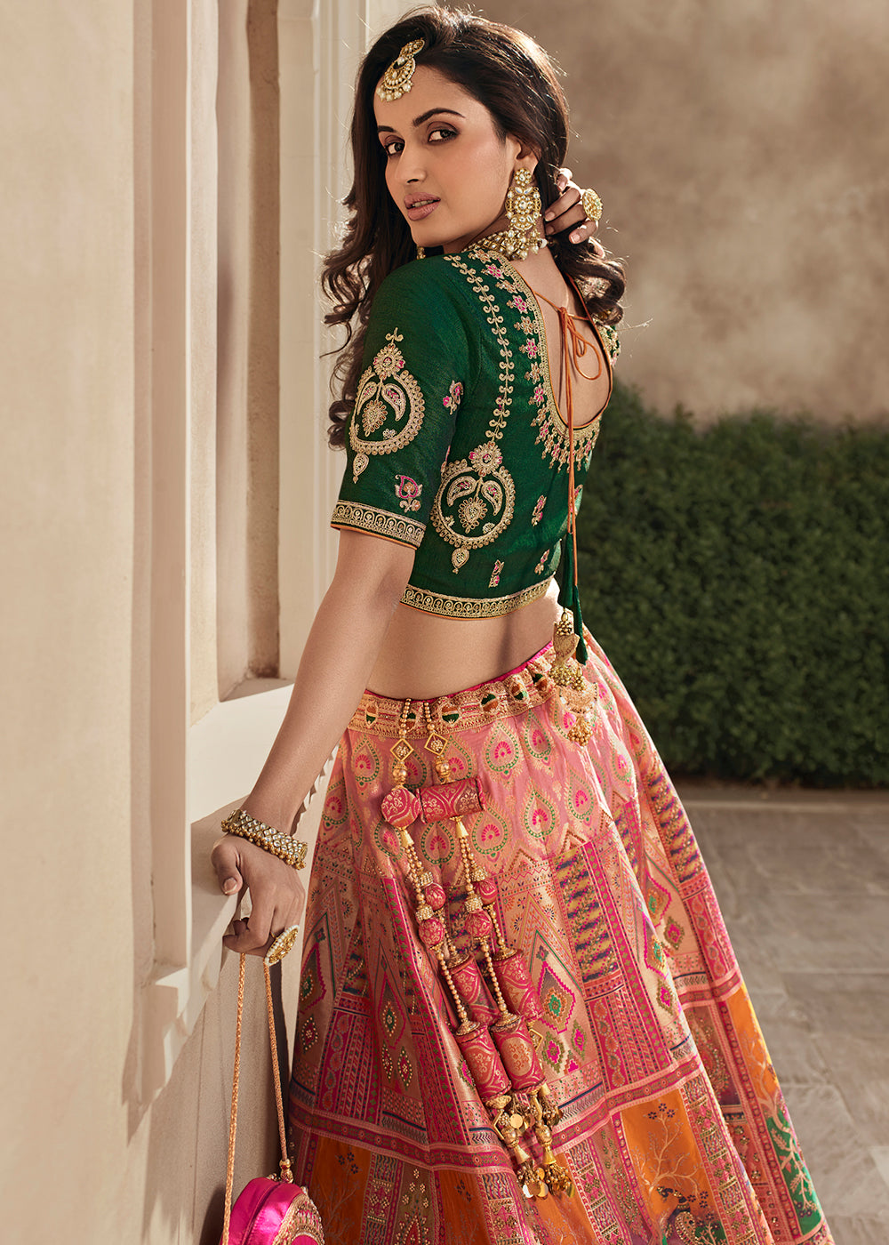 Pink & Green Heavy Embroidery Banarasi Silk lehenga Choli