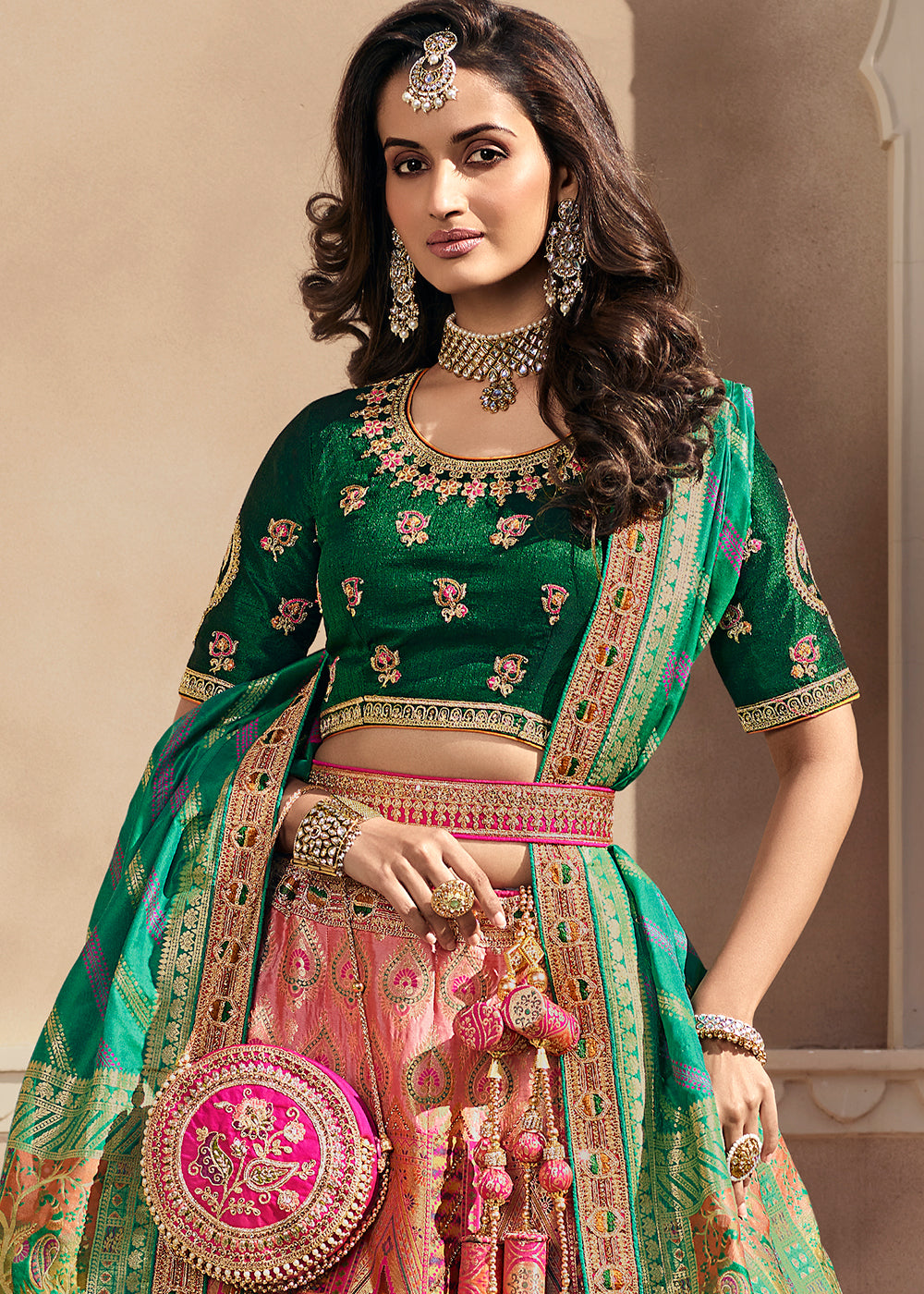 Pink & Green Heavy Embroidery Banarasi Silk lehenga Choli