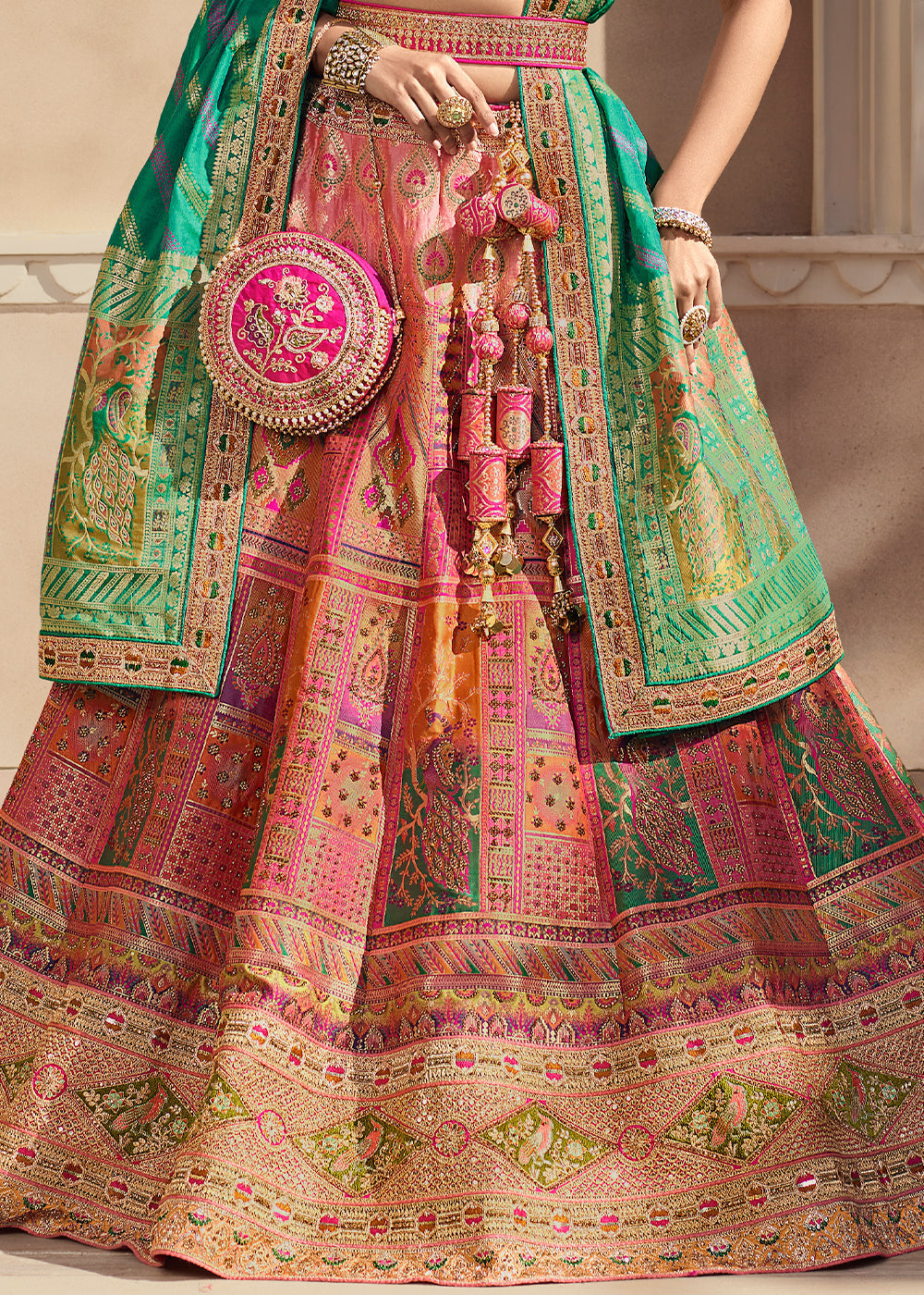 Pink & Green Heavy Embroidery Banarasi Silk lehenga Choli