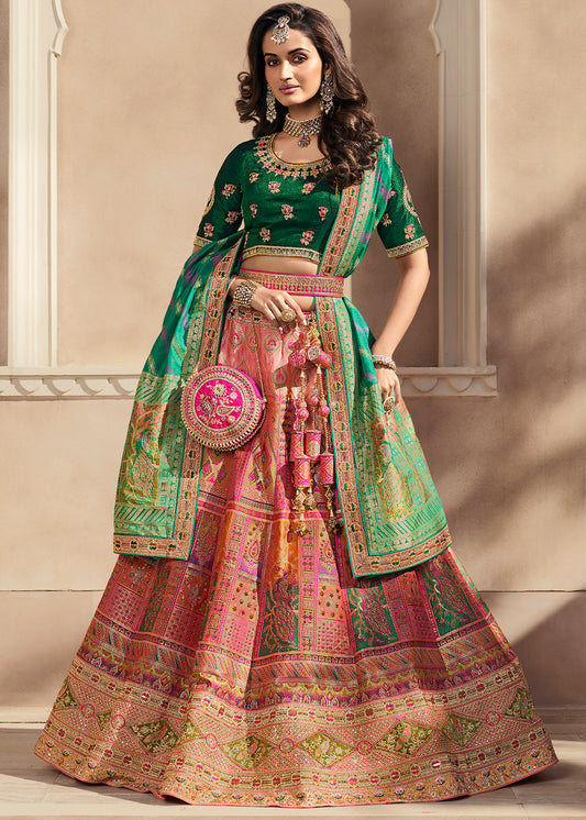 Pink & Green Heavy Embroidery Banarasi Silk lehenga Choli