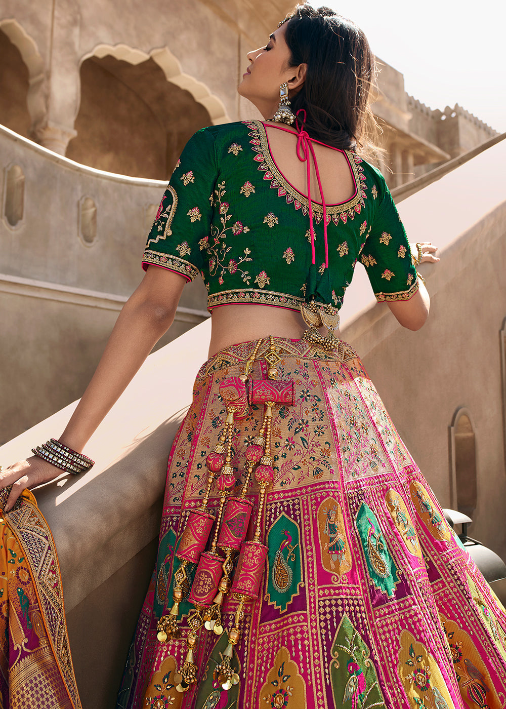 Green & Pink Heavy Embroidery Banarasi Silk lehenga Choli