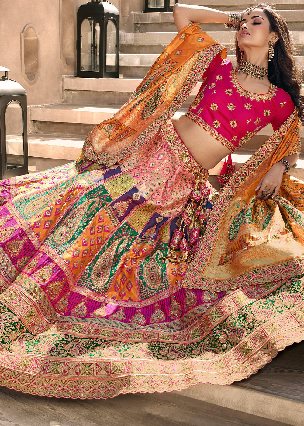 Multicolored Heavy Embroidery Banarasi Silk lehenga Choli