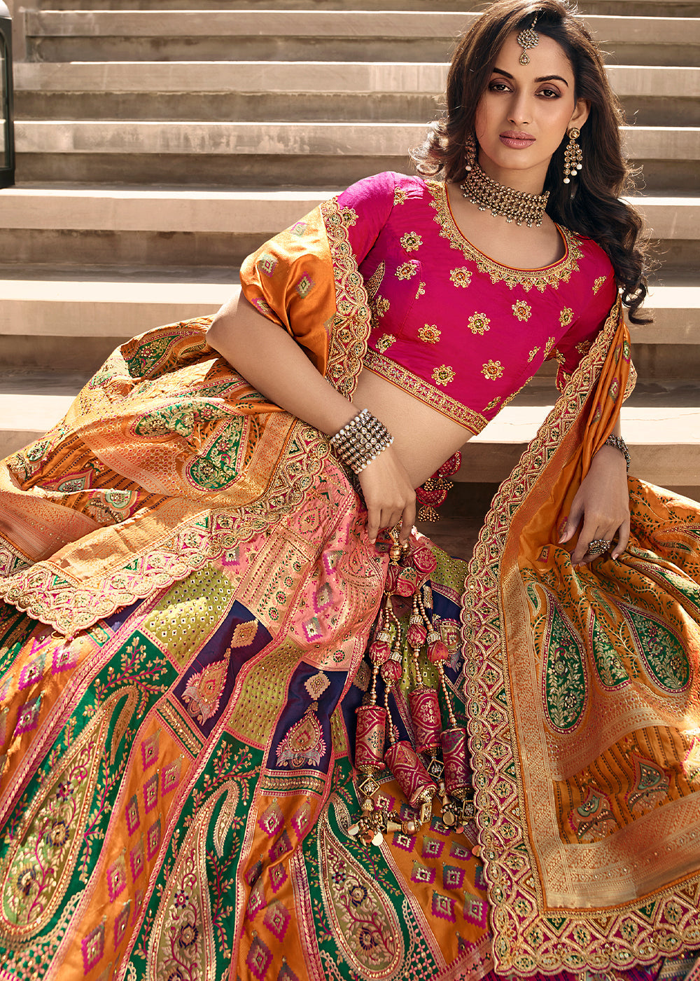 Multicolored Heavy Embroidery Banarasi Silk lehenga Choli