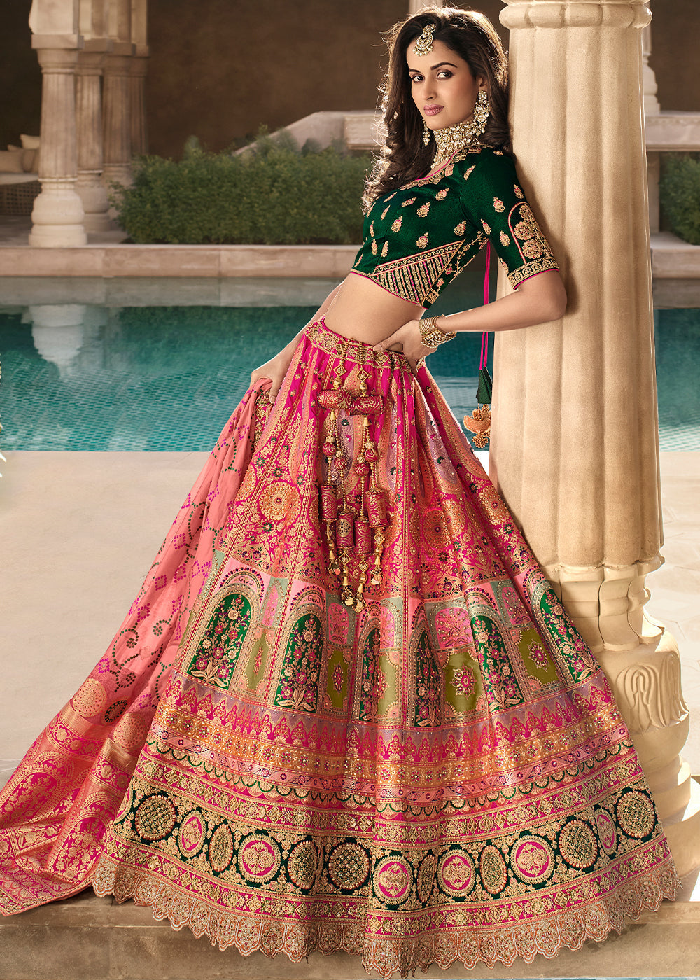 Pink & Green Heavy Embroidery Banarasi Silk lehenga Choli