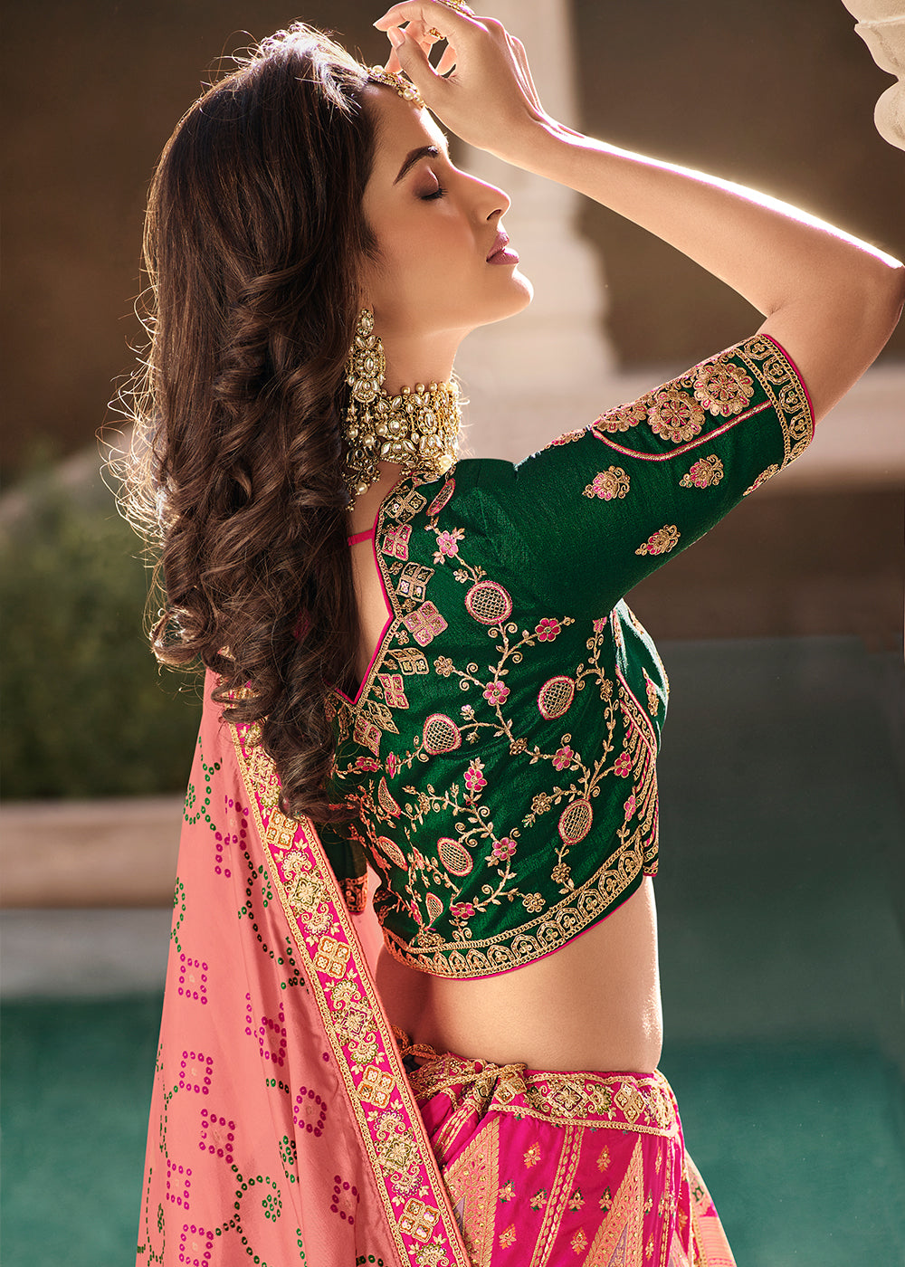 Pink & Green Heavy Embroidery Banarasi Silk lehenga Choli