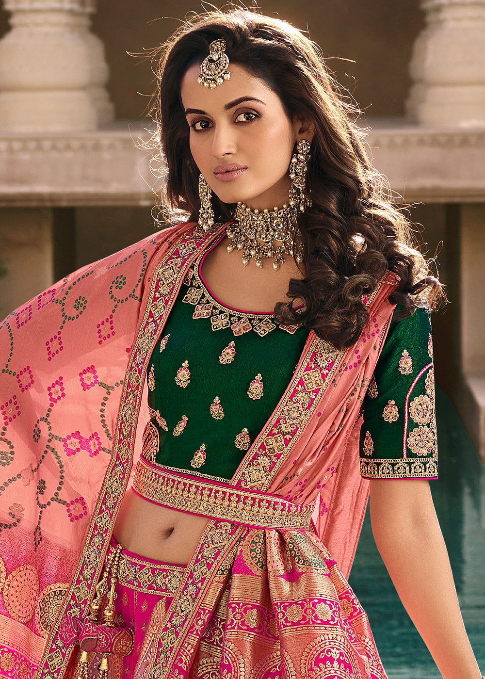 Pink & Green Heavy Embroidery Banarasi Silk lehenga Choli