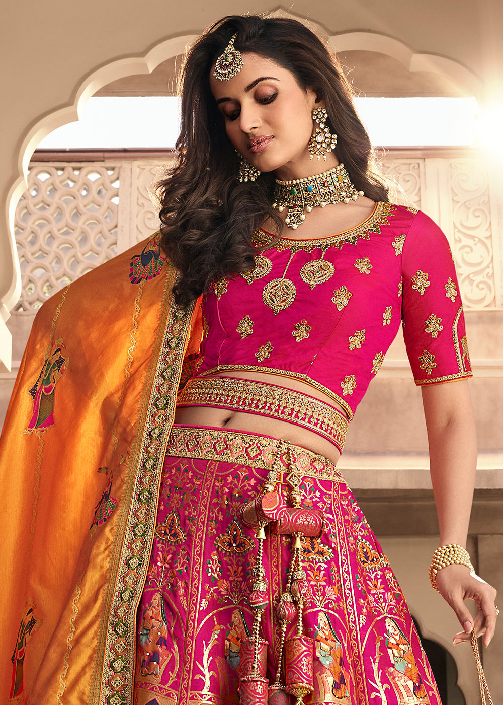 Pink & Orange Heavy Embroidery Banarasi Silk lehenga Choli