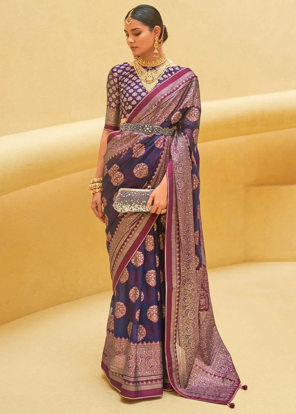 Navy Blue Zari Woven Brasso Organza Silk Saree