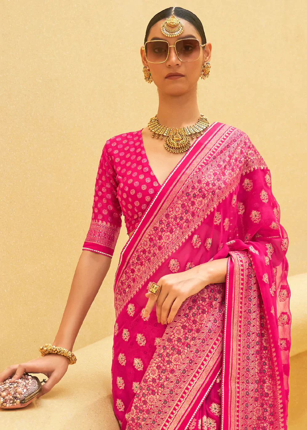 Bright Pink Zari Woven Brasso Organza Silk Saree