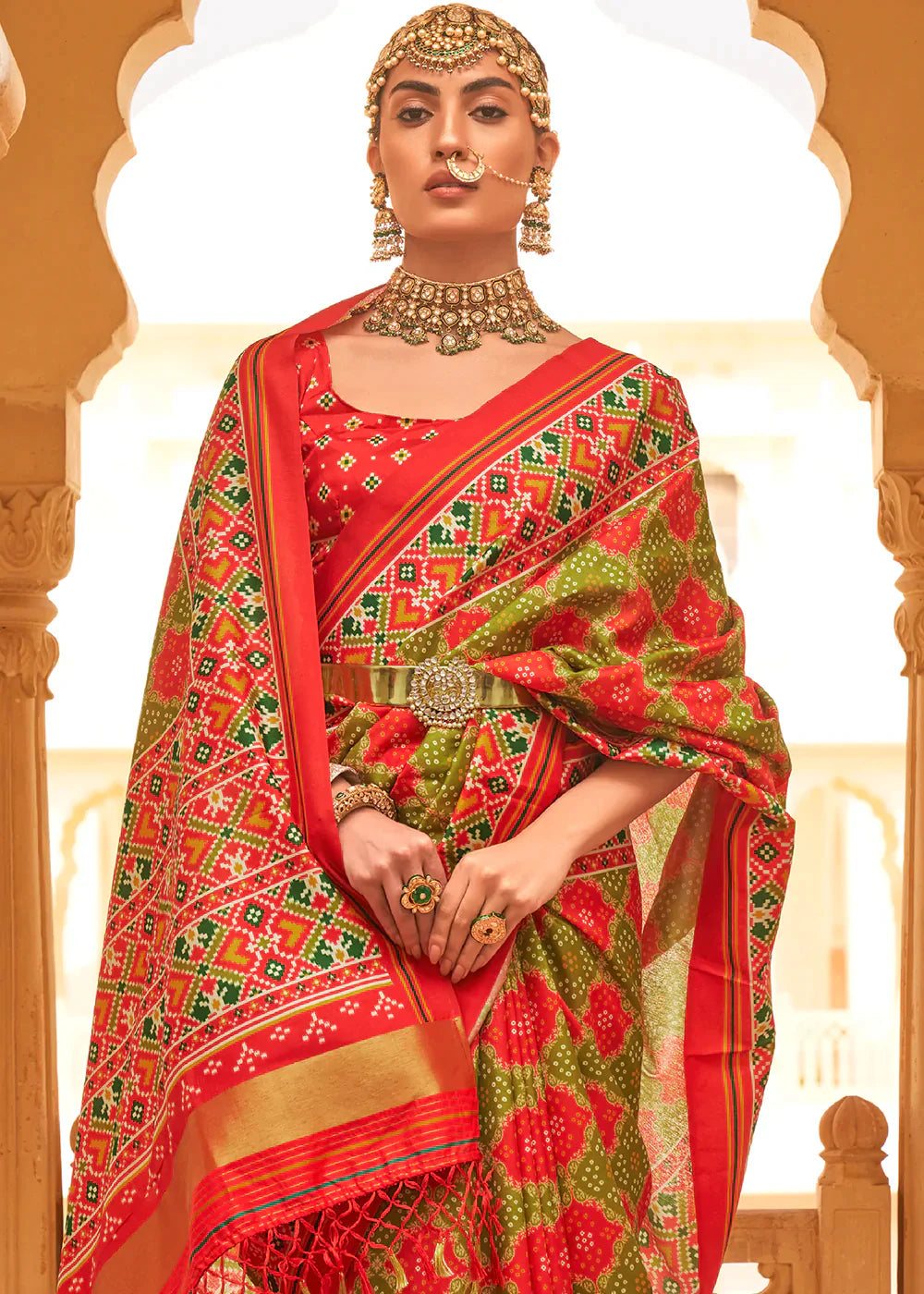 Red & Green Printed Patola Tussar Silk Saree