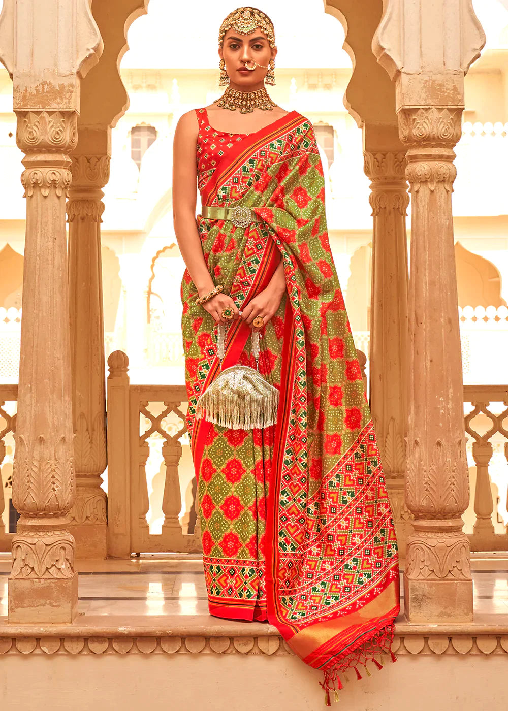 Red & Green Printed Patola Tussar Silk Saree