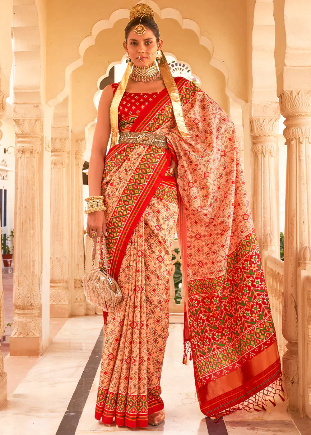 Ivory White & Red Printed Patola Tussar Silk Saree