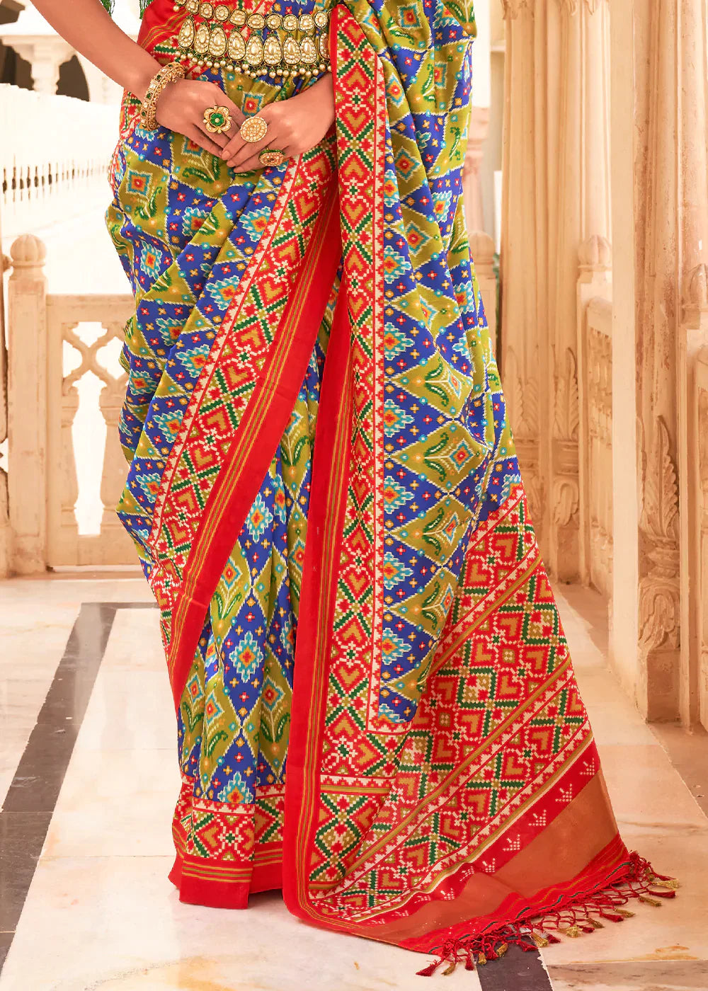 Blue & Green Printed Patola Tussar Silk Saree