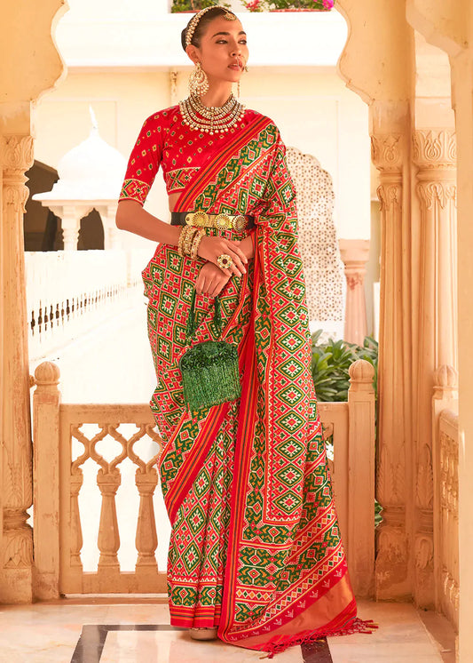 Red & Green Printed Patola Tussar Silk Saree